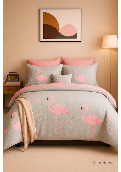 Çift Kişilik Pamuklu Nevresim Takımı Flamingo Love Pembe - Gri