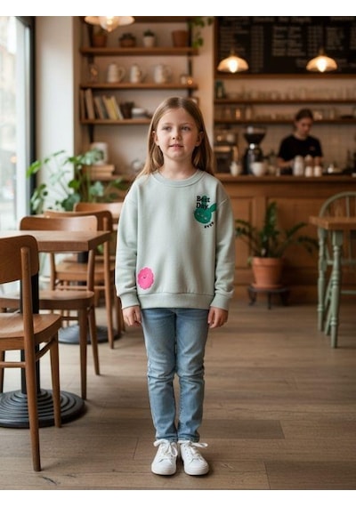 Kız Çocuk Pamuklu Tavşan Desenli İnce Uzun Kollu Sweatshirt-16335 Yeşil