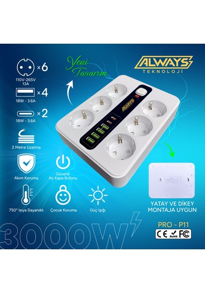 Akım Korumalı 6'lı Grup Priz 4 Usb'li Ve 2 Type-c Li 6'lı Grup Priz 2 M Kablo Çocuk Korumalı 2 M