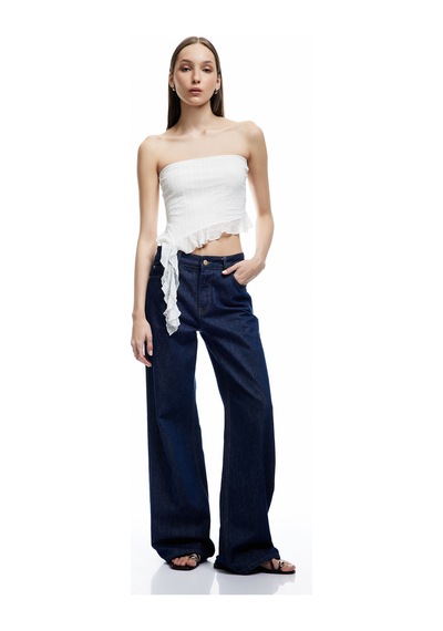 Koton Fırfır Detaylı Asimetrik Dantelli Straplez Crop Bluz Ekru 5sal30060ık Ekru