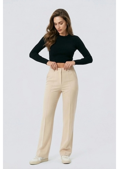 Dıanna Kadın Wide Leg Detay Dikiş Esnek Palazzo Pantolon Krem