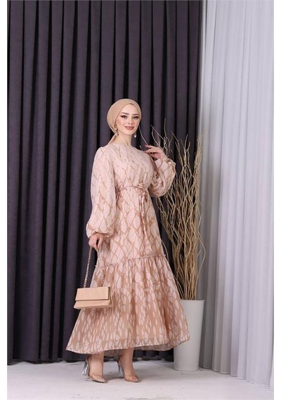 Neşeli Butik Kadın Şifon Eteği Fırfırlı Desenli Tesettür Elbise Sms008 Bej