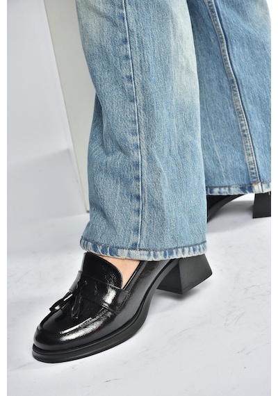 Fox Shoes T820145460 Siyah Rustik Kalın Topuklu Kadın Ayakkabı Siyah-rustik