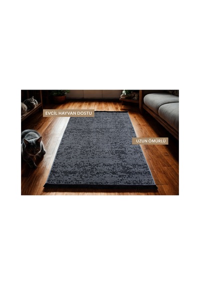 Badelya Home Gri Şönil Makinada Yıkanabilir Kaymaz Taban Saçaklı Pamuklu Halı Kilim Oturma Odası Salon Mutfak