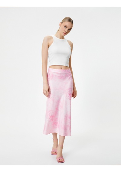 Koton Midi Saten Etek Çiçekli Normal Bel Pembe Desenli 4sak70131pw Pembe