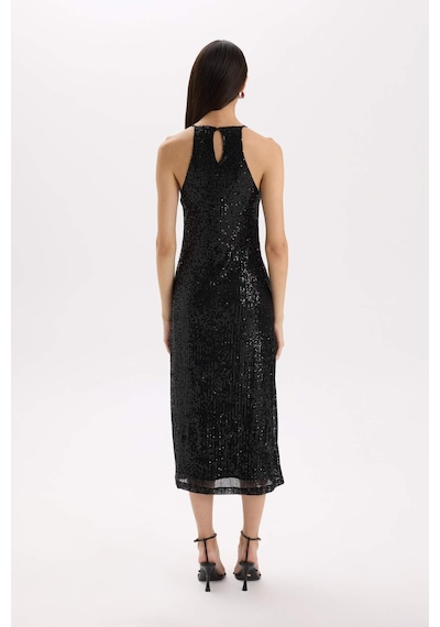 DeFacto Halter Yaka Payetli Kolsuz Midi Siyah Elbise E2437AX24WNBK81