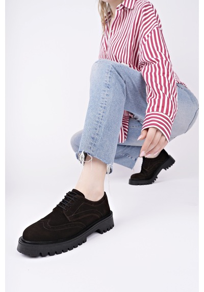 Muggo Amour Bağcıklı Hakiki Deri Kalın Taban Günlük Casual Makosen Kadın Loafer Ayakkabı Kahve Süet