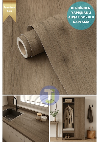 Technojet Premium Seri Kendinden Yapışkanlı Ahşap Desenli Pvc Kaplama 60cmx500cm Vizon