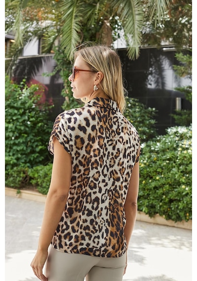 Jument Kadın Yakalı Düşük Omuzlu Kısa Kol Şık Gömlek-bej Leopar Bej Leopar
