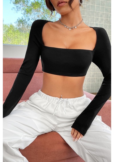 Angbutik Kadın Siyah Uzun Kol Göğüs Ve Sırt Dekolteli Crop Top Bluz