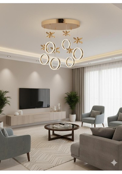 Zero Model 6"lı Kristal Taşlı Gold 3 Renk Modu Ledli Salon Mutfak Oturma Odası Sarkıt Led Avize Metalik