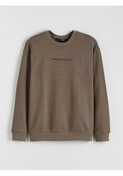LC Waikiki Xsıde Kahverengi Bisiklet Yaka Nakışlı Erkek Kalın Sweatshirt Lıght Brown