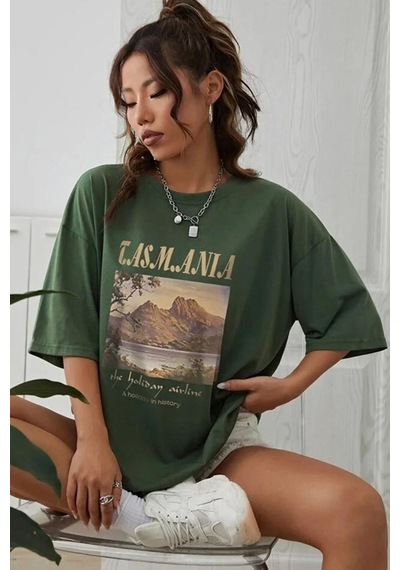 Unisex Tasmania Baskılı Tasarım Tshirt Yeşil