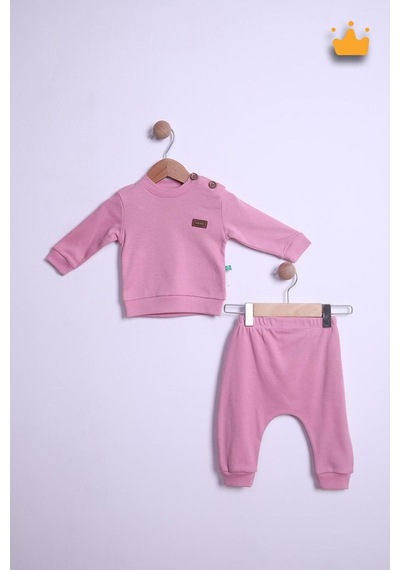Babyhola Kız Erkek Bebek Takım Pamuk Düğmeli Sweat Düğmeli Alt Üst Takım 236312 Gül Kurusu