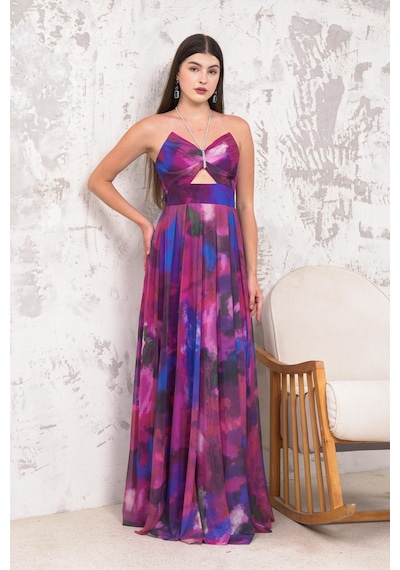 Livanomi Straplez Taş Askılı Mor Abiye Elbise-mor