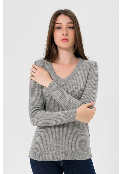 Miss Poem Kadın V Yaka Slim Fit Fitilli Uzun Kışlık Ekru Triko Kazak Gri