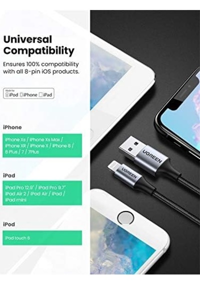 Mfi Lisanslı Usb-a & Lightning Örgülü Data Ve Şarj Kablosu, 2 Metre, Siyah, 60158