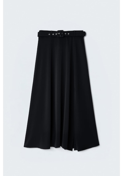 Sateen Kemerli Yırtmaç Detaylı Kloş Etek - Siyah-137415