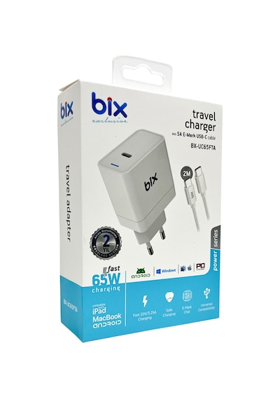 Bix BX-UC65FTA Apple Uyumlu MacBook , iPad ve Laptop 65W Type-C Şarj Ada