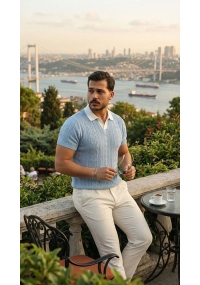 Vexor Erkek Desenli Kısa Kollu Triko Tişört - %100 Pamuk Akrilik Bebe Mavisi