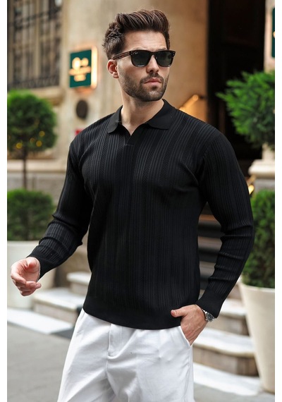 Madmext Siyah Polo Yaka Desenli Over Fit Erkek Triko Kazak E7517