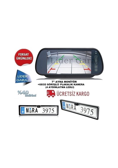 Kameralı Park Sensörü 7'' Ayna Hd Ekran+Plakalık Kamera