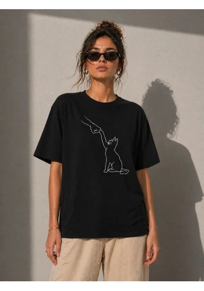 Defymoda Minimal Kedi Çizim Baskılı Tişört Kısa Kol Yazlık T-shirt - Siyah