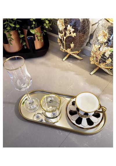 Ucr Home 2 Adet Aden Aynalı Duvara Asılabilen Dekor Ve Kahve Sunumluk Gold Tepsi 12x30 Cm Altın - Gold
