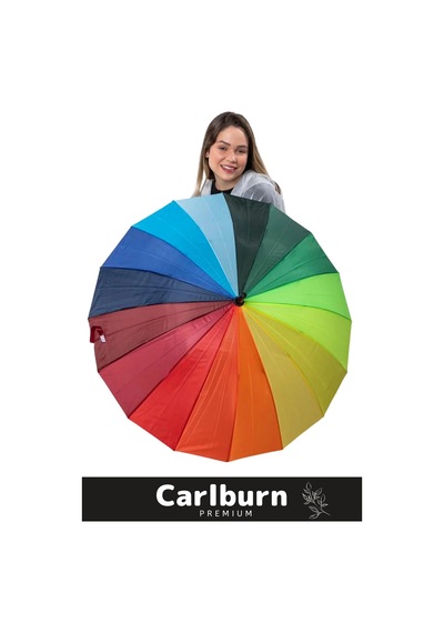 Otomatik Mekanizma Baston Tip Rüzgar Korumalı Fiber 16 Telli Gökkuşağı Baston Şemsiye 55cm Çok Renkli