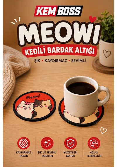 Kemboss Gri Kedi Ve Meowi Kedi Bardak Altlığı Seti 4'lü - Pvc Kaydırmaz Bardak Altlığı 2 Gri Kedi + 2 Meowi Kedi Çok Renkli