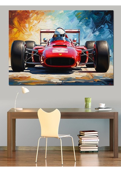 Ahşap Tablo Yarış Pistinde Kırmızı Formula Arabası