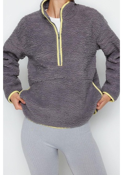 Ersefa Tarz Regular Dik Yaka Düşük Kol Regular Peluş Örme Spor Sweatshir Gri