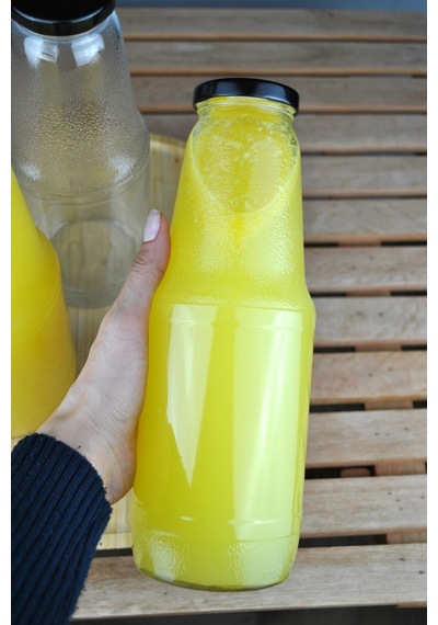 2 Adet 1 Litre Şeffaf Sürahi Süt, Ayran, Su, Limonata, Meşrubat Şişesi Metal Siyah Kapaklı Cam Şişe