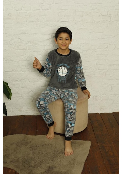 Pemilo Erkek Çocuk 1027 Desenli Polar Pijama Takımı Gri-gri 33799 - 1 Gri