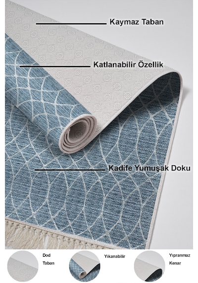 Dekoreko Kaymaz Taban Djt Salon Halısı Trend Saçaklı Iskandinav F5084 lacivert