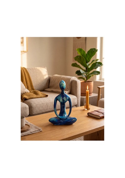 Dekoratif Yogacı Heykeli Mavi 23x14 Cm Meditasyon Yoga Figürü, Modern Biblo Ve Masaüstü Dekor Objesi