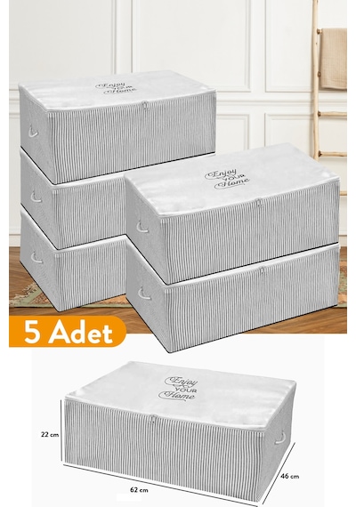 Serstil 5 Adet - Büyük Boy Baza Altı Gri Çizgili Hurç 62 X 46 X 22 Cm