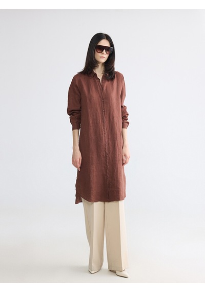 Lcw Everyday Kahverengi Oversize %100 Keten Kadın Gömlek Tunik