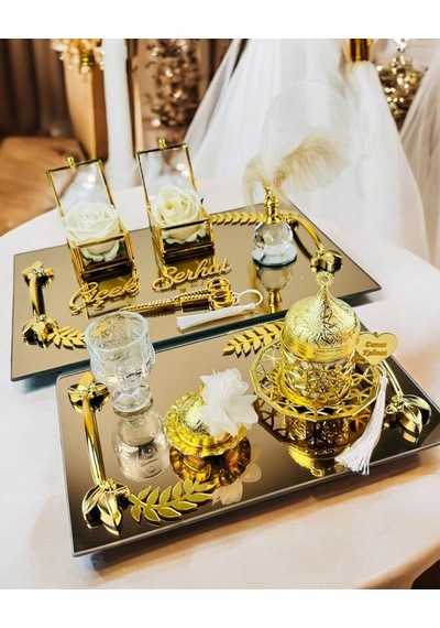 Cherish Gold Aynalı Nişan Tepsisi Ve Söz Tepsisi Beyaz Beyaz