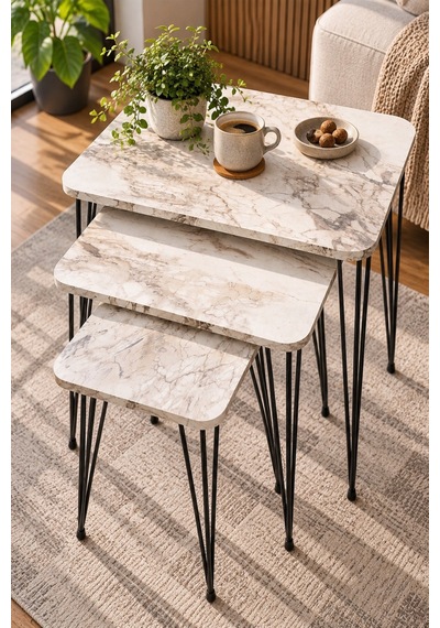 Sulorahome 3'lü Mermer Desenli Metal Tel Zigon Sehpa Takımı Beyaz