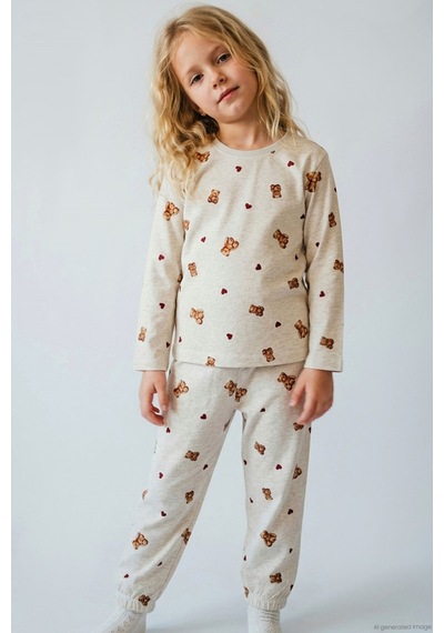 Breeze Kız Çocuk Pijama Takımı Kalp & Sevimli Oyuncak Ayıcık Desenli 4-8 Yaş, Bej Melanj