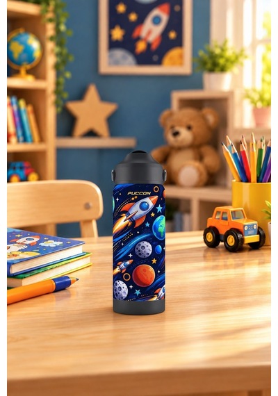 Puccon 540 Ml Uzay Ve Roket Baskılı Siyah - Lacivert Erkek Çocuk Pipetli Çelik Termos Matara/suluk - 60053