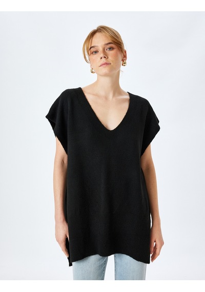 Koton Yanları Yırtmaçlı V Yaka Oversize Süveter Siyah 5wak20078ht Siyah
