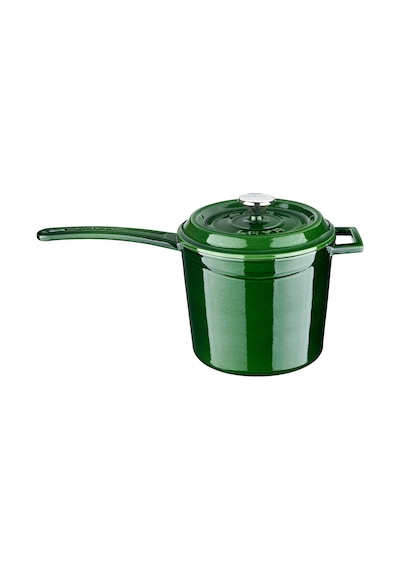 Lava Döküm Yuvarlak Sos Tenceresi Çap Ø 18cm. Döküm Demir Yekpare Saplı Premium Serisi - Majolica Yeşil Yeşil