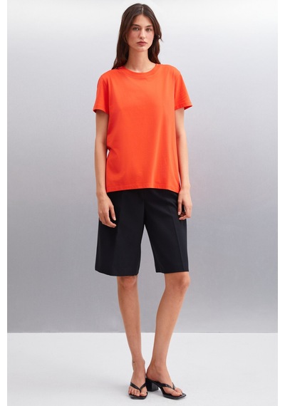 Grimelange Samantha Kadın %100 Organik Pamuklu Comfort Fit Arkası Uzun Basic Örme Kırmızı T-shirt Kırmızı
