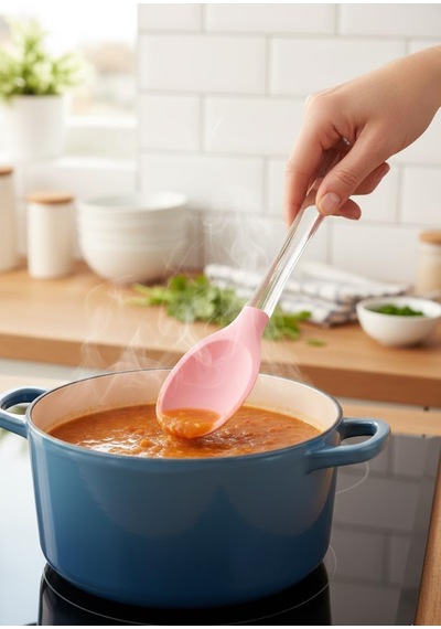 Silikon Kaşık, Mutfak Kullanımı İçin Şeffaf Saplı, Isıya Dayanıklı, Askılı Tasarım 2, Pembe