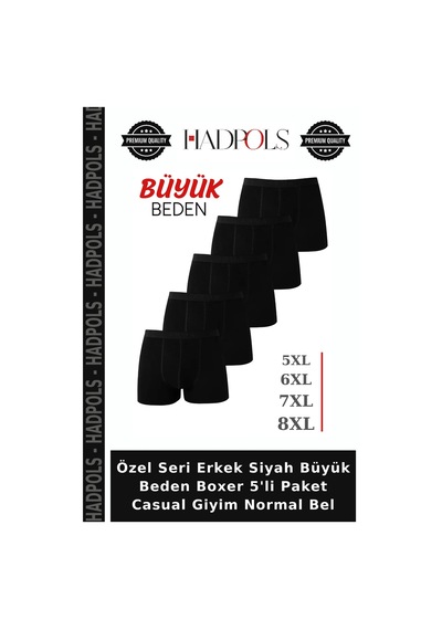 Hadpols Özel Seri Erkek Siyah Büyük Beden Boxer 5'li Paket Casual Giyim Normal Bel