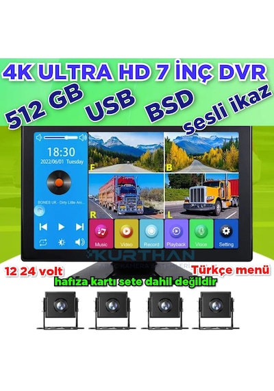 4 Kameralı 4k Ultra Hd 512 Gb Dvr-usb-bsd Monitör Seti 12 - 24 Volt