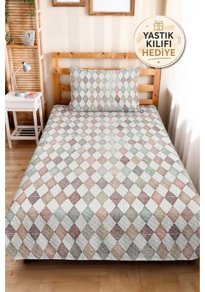 Geometrik Gri Genç Odası Tek Kişilik Pike Takımı - Pastel Bakır 160x220 Cm Kapitone Yatak Örtüsü Nazlı Papatya Kırığı