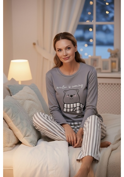 Lela Regular Fit Desenli Bisiklet Yaka Bayan Pijama Takımı 65719102 Gri